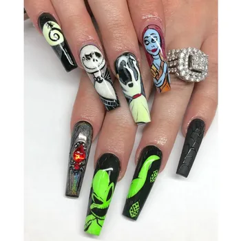 3D набор от административни нокти за парти в чест на Хелоуин, зелен призрак на булката, паяк с кристали, дълги френски върховете, изкуствени облицовки, външен ноктите