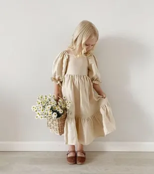 INS Европейската американската класическа лятна дрехи за малките момичета, От памук и Лен, Британското Регулируема Детско Пищни Принцеса рокля с Везикулозната ръкав