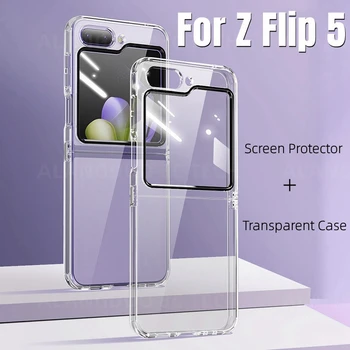 Протектор на екрана + прозрачен калъф за Samsung Galaxy Z Flip 5 Луксозен Прозрачен калъф Защитно стъкло за galaxy zflip5 Shell