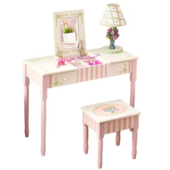 Дървена детска игрална маса за спалня, Тоалетка за грим с табуреткой, Розово / сметана, Тоалетка, Лесно лукс, Спалня