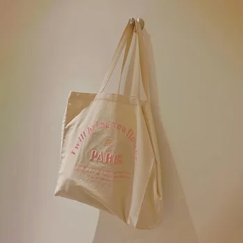 Жените платно чанта памучен плат чанти разгледайте Париж 3D дневни пазарски чанти бродерия студент книги чанта
