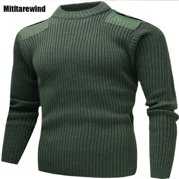 Пуловери в европейски стил за мъже, зимни топли вълнени пуловери с дълъг ръкав, младежки мъжки пуловер с кръгло деколте, Армейски зелен Ретро пуловер, Джъмпери