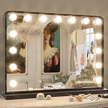 Тоалетен огледало с осветление, 15 сменяеми лампи, Огледало за грим с 2 сменяеми електрически крушки, 3-цветна подсветка, Алуминиево-метална рама, U