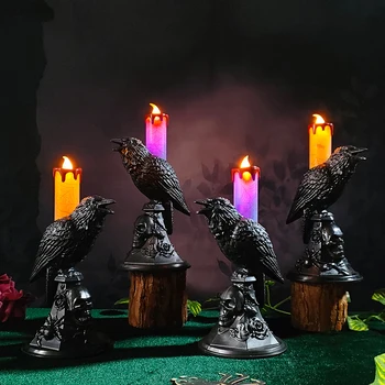 Реалистична Статуя на Черен Гарван, Светлия Светилник, Led Свещи, Украса за дома за Хелоуин, Настолна лампа с Вороном, Ужасяващи декорации