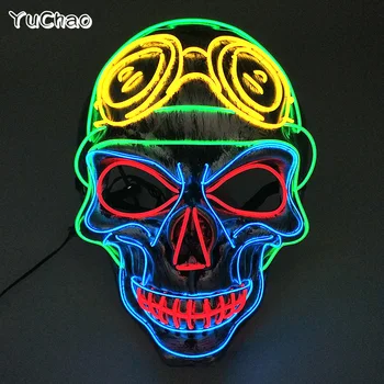 Цветна маска с черепа на Хелоуин, светещ led маска за лице, подпори за парти в бар, Неон светещ ужасна маска на скелет костюм