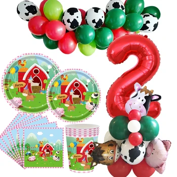 1 комплект прибори за еднократна употреба за селскостопански животни, кутия, крава, прасе, кула балони за деца, Животни в стопанството, тематична украса за парти по случай рождения ден