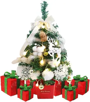 Настолен Мини Коледно дърво - Декорация за Коледната елха с led подсветка, Миниатюрни Коледно Дърво с висящи украшения за diy