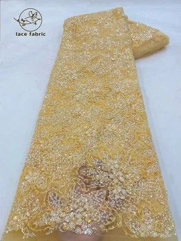 Африканска лейси плат с пайети 2023, с Висококачествена бродерия на мъниста, Нигерийски френски Тюл, Дантела, Материал за Шиене сватбени рокли