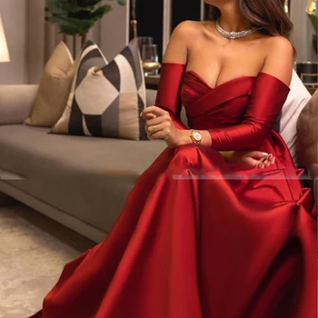 Елегантни рокли за бала 2023, вино-червени, С Дълги ръкави и отворени рамене, Сатенени рокли трапецовидна форма за партита
