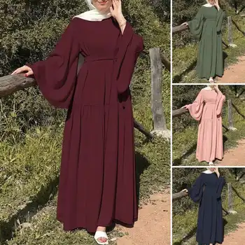 Ислямското рокля Абайя, монофонични модерен женски халат, мюсюлманска роба, с кръгло деколте и дълъг ръкав, елегантен всекидневен кафтан, празнична дреха