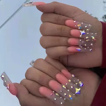 3D набор от административни нокти гланц розови дълги френски върховете на формата на обувките с блестящи звездички и диаманти, изкуствени облицовки за акрилни режийни ноктите