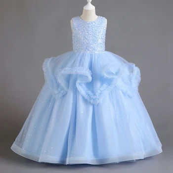 Скай-сини рокли с цветя модел за момичета на Сватба, на Тържествена парти, с Кръгло деколте, дължина до щиколоток, с къдри, Расшитое пайети Бебешка рокля на Принцеса за рождения Ден 2023