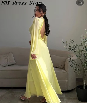 Саудитска Арабия Женски Жълти шифоновые рокли за абитуриентски бал С дълъг ръкав и кръгло деколте и отворен гръб с Дължина до пода Вечерна рокля