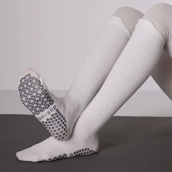 Чорапи за йога, памучни, полка точки, силиконови, нескользящие, женски, с високо качество, за пилатес, чорапогащи до коляното