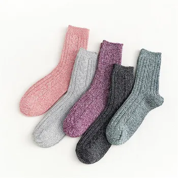 5 Чифта Топли вълнени чорапи За жени на Дебелото плетени, зимни чорапи Thermal Crew, Съраунд топ с висока талия, Контролен Топ