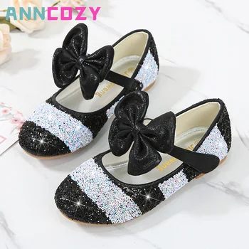 Детски кожени обувки за момичета 2023 година, лятото на корейското издание, Обувки на Принцесата с кръгла пръсти, обувки на Принцесата с мека подметка, Фини обувки на Принцесата с кристали