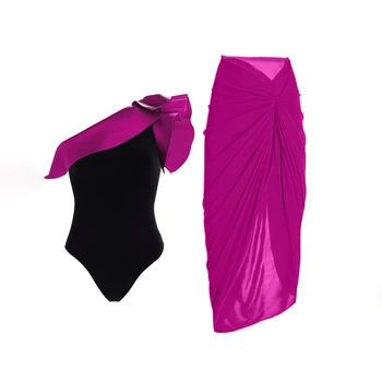 Черно и лилаво Луксозни Бански костюми За Жени 2023, Бикини с открити рамене, повдигащ, бански с висока талия, Монокини с рюшами, Плажни бански Костюми