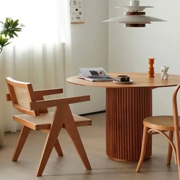 Съвременен стол за хранене Ins от масивно дърво, истински ратан, Средновековен дизайн на стола, Луксозна Ретро-подлакътник за хола, Мебели за стол