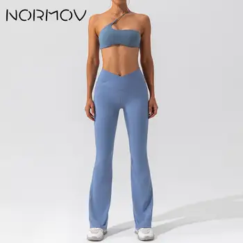 NORMOV Комплект за йога Naked Feeling, са били разкроена, спортно облекло, Дамски дрехи за тренировки с едно рамо, Съкратен Спортен костюм с V-образно деколте, женски спортен костюм с ефект повдигащ