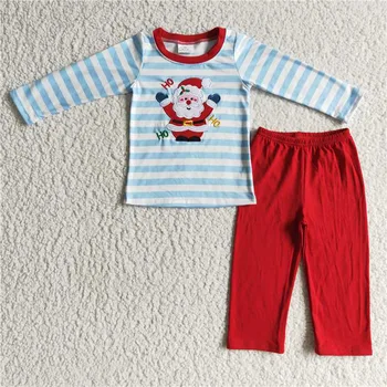 Коледна Пижама с бродерия на Дядо Коледа, Детски дрехи, Детски пижами от памук в сини райета, червени панталони, подходящ комплект за малки момчета и момичета