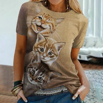 Дамски летни тениски с 3D модел на привлекателен котка, модна тениска в стил Харадзюку, Ежедневни тениска Оверсайз за момичета в стила на Kawai, дрехи Унисекс