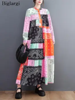 Негабаритное Есен Нова Дълга рокля в клетка с флорални принтом, Женски Свободни плисирани рокли Modis с дълъг ръкав, Ежедневното женствена рокля 2023