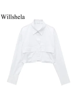 Willshela, Дамска мода С джобове, бяла однобортная Укороченная блуза, Ретро силует с ревери, с Дълъг ръкав, Дамски шикозна дамска риза
