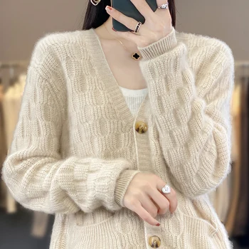 пуловер от 100% чиста вълна, Женски жилетка с V-образно деколте, в есенно-зимната вязаная яке със свободни ръкави, къси женски нов вълнен пуловер