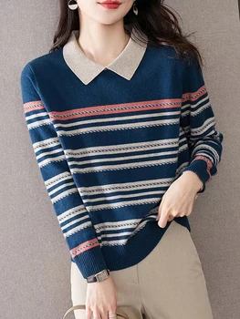 Пуловери за жени 2023, Корейски Модерен шарен пуловер, Есенна топ с дълъг ръкав, Възли Ежедневни Пуловери, Зимни дамски дрехи