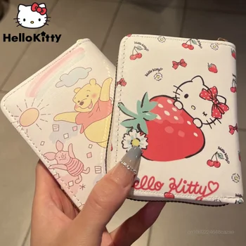 Sanrio Hello Kitty Girl Student Zero Портфейла Cartoony Мече Пух, Малки къси портмоне с цип, Дамски чанти, изкуствена кожа, сладък държач за карти, квадратна чанта