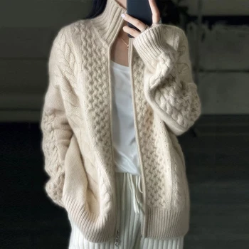 Европейският гара, есенно-зимния дебел вязаный жилетка с висока воротом, женски свободен тънък пуловер с цип, палто, бяла жилетка