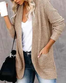 Модерен Женски топъл пуловер с голям джоб, жилетка, Вязаный жилетка с V-образно деколте, однотонная ред, есен-зима, Дамски блузи с дълъг ръкав