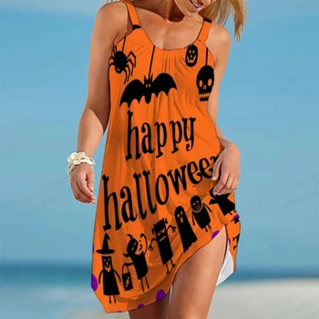 Облечи за Хелоуин с каишка, Дамски модни дрехи за Хелоуин, Плажна рокля в стил Бохо, Всекидневни сарафан с тиква, Vestido Kawaii