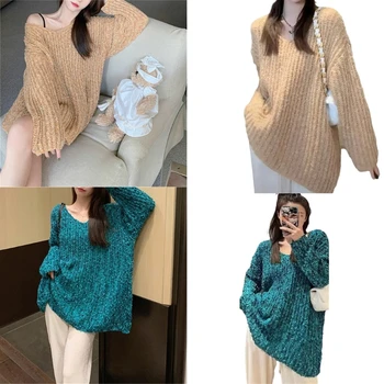 Универсален обикновен женски пуловер с дълъг ръкав, пуловери свободна плетени, върхове