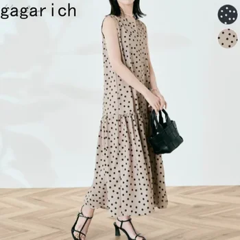 Gagarich, Корейска рокля без ръкави в Лениво стил, Свободно Дебнещ Рокля 2023, Летни Дамски Прости Дълга рокля на точки с принтом и набори по ръба