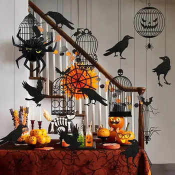 Интериор под формата на Права за Хелоуин, Подвесная птичья клетка на Хелоуин, Черно многократна употреба страшно декор за празнични партита на закрито и открито