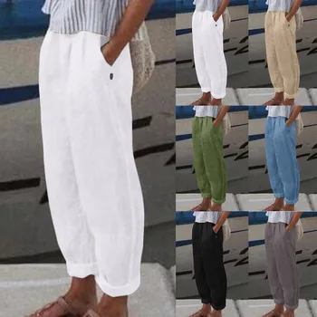 Дамски ежедневни панталони с висока талия, Модерни ластични панталони на съвсем малък, Удобни преки Дълги панталони с джобове