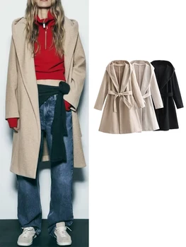 Дамско зимно палто ТРАФИКА С качулка, Дълги палта За жени, Меки палта с дълъг ръкав, Есен 2023, Ежедневното Вълна палто, Жена