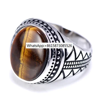 Естествено мъжки пръстен от цели сребро s925, ретро Реколта пръстени от Пуйка с естествени камъни Тигрови очи, Турски бижута от сребро проба 925