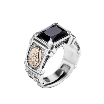 Нова индивидуалност, 100% истинско сребро S925, модерен пръстен за мъже в стил хип-хоп, черен ахат, мъжки пръстени на Дева Мария, тайландски сребърен мъжки пръстен