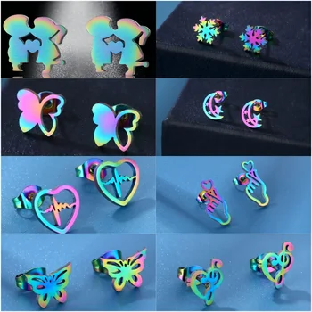Нови цветни обеци от неръждаема стомана във формата на пеперуди, снежинки, рози и луната, обеци INS, обеци