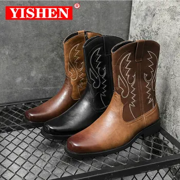 Мъжки обувки за конна езда YISHEN, каубойски ботуши в западен стил до средата на прасците, кафяви мотоциклетни ботуши, обувки есен за почивка в ретро стил, за cosplay, Ephesus Seu De