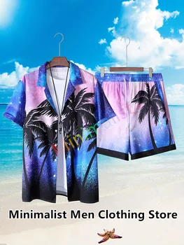 Нов Модерен Хавайски комплект Ризи, Мъжка лятна ежедневни риза с принтом на Тропическите гори и небето, Плажната от две части