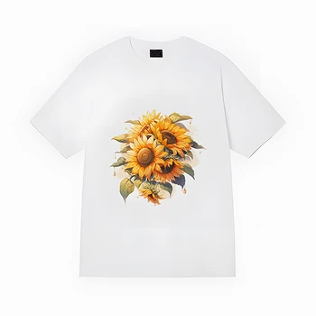 Женска тениска от чист памук с цветна тема на слънчогледа, ежедневни риза с къси ръкави, лесна градинска дамски дрехи