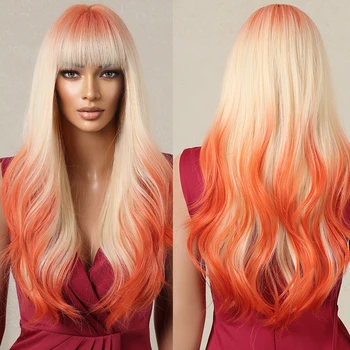 Дълги Вълнообразни Синтетични перука от платина блондинка, Оранжево, Цветни Cosplay-перука с бретон за жените, косата на Хелоуин, Топлоустойчиви