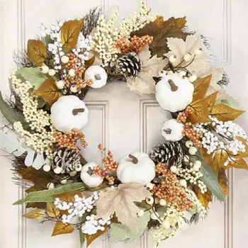 1бр 18-цолови венци от бели зеленчуци от семейство тиквови, шишарки се Използват за есенни декорации къщи и веранди на Хелоуин и Деня на Благодарността